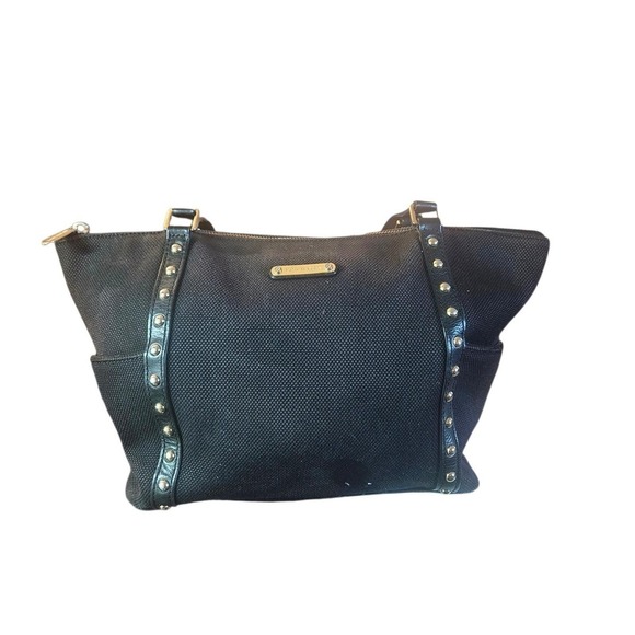 Michael Kors Handbags - Michael Kors Black Canvas Leather Trim Studded Tote Shoulder Bag Gold Hardware